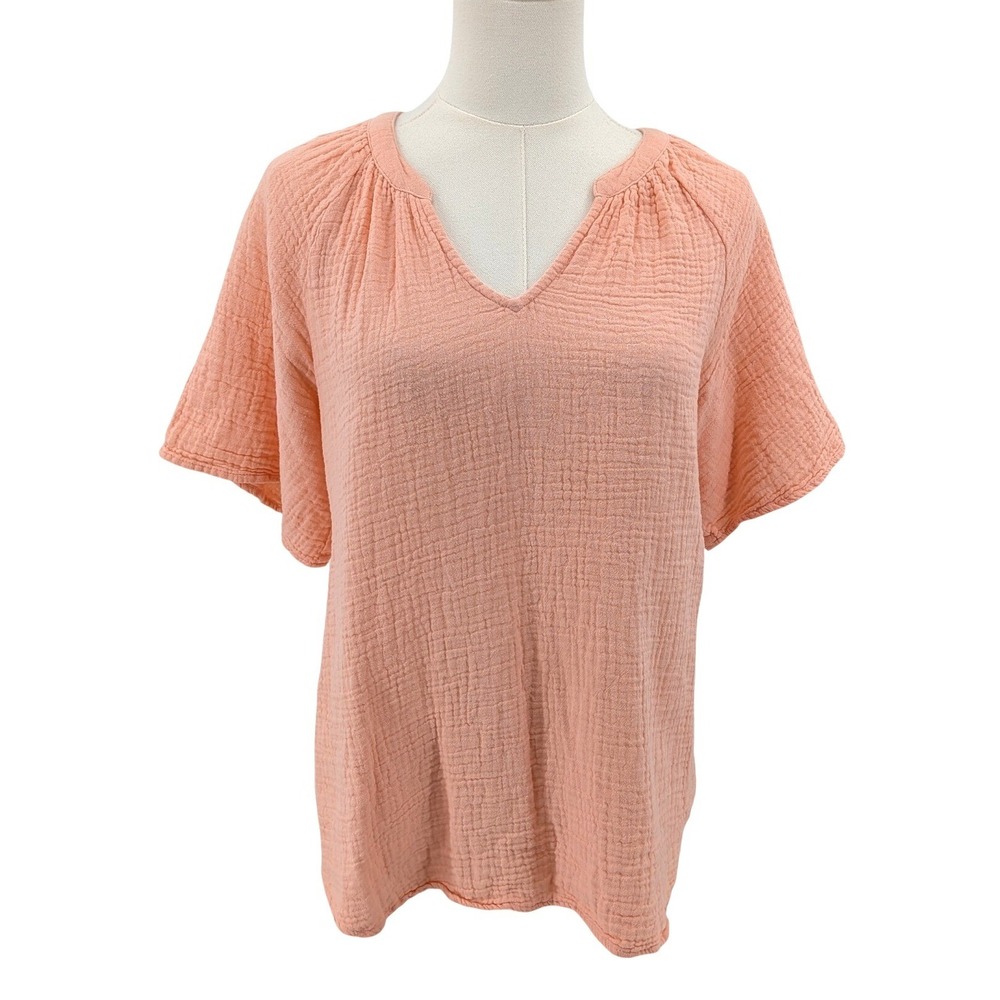Gauze cotton top peach textured airy boho short sleeve blouse M